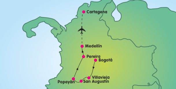 kaart van de single rondreis door Colombia